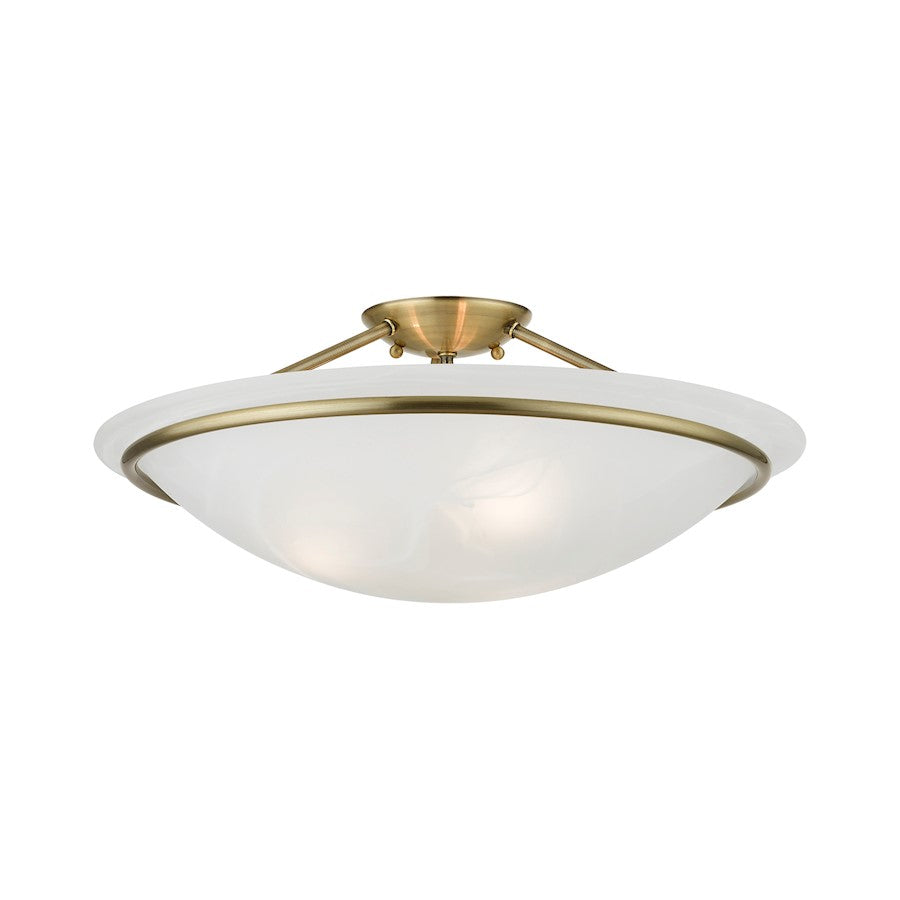 Livex Newburgh 3 Light 8" Semi-Flush, Antique Brass/White Alabaster