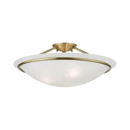 Livex Newburgh 3 Light 8" Semi-Flush, Antique Brass/White Alabaster