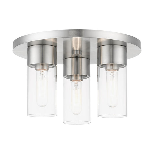 Livex Carson 3 Light Flush Mount, Brushed Nickel/Clear