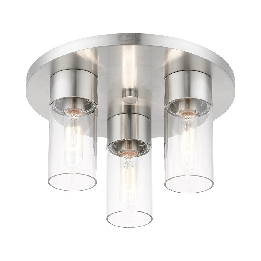 Livex Carson 3 Light Flush Mount, Brushed Nickel/Clear