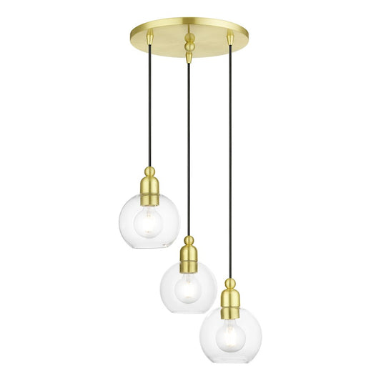 Livex Downtown 3 Light Sphere Multi Pendant, Satin Brass/Clear