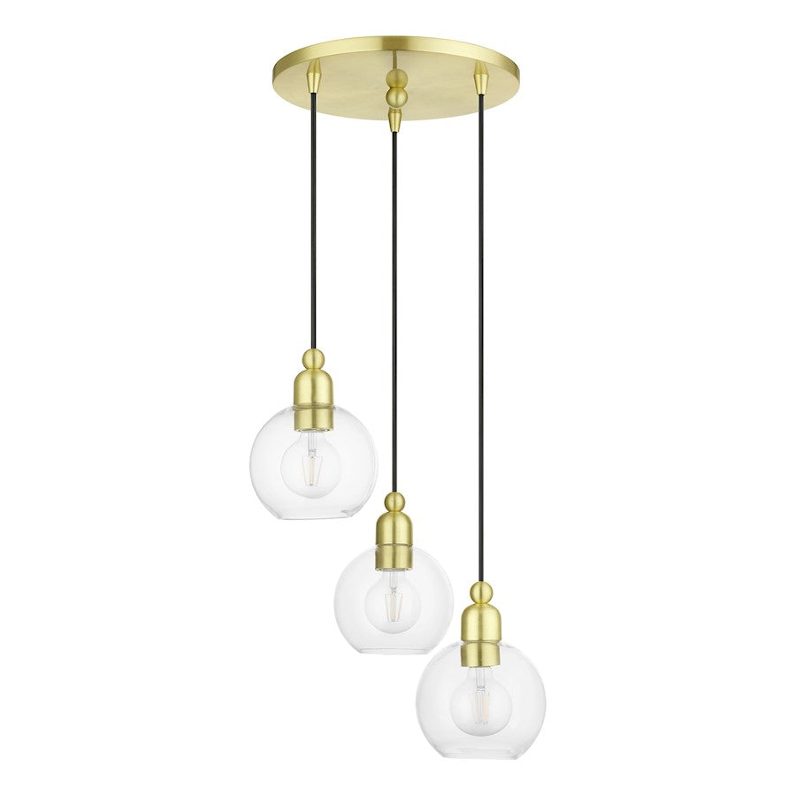 Livex Downtown 3 Light Sphere Multi Pendant, Satin Brass/Clear