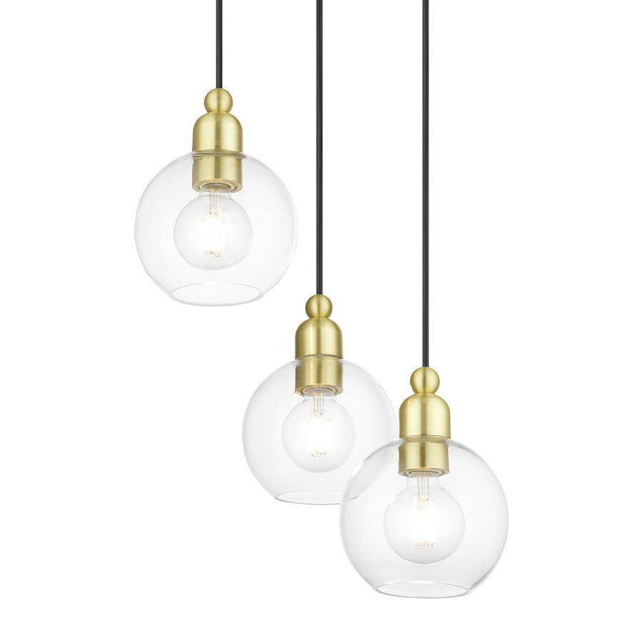Livex Downtown 3 Light Sphere Multi Pendant, Satin Brass/Clear