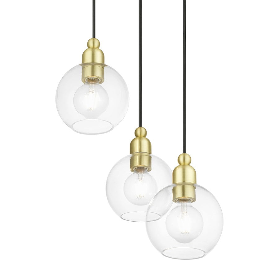 Livex Downtown 3 Light Sphere Multi Pendant, Satin Brass/Clear