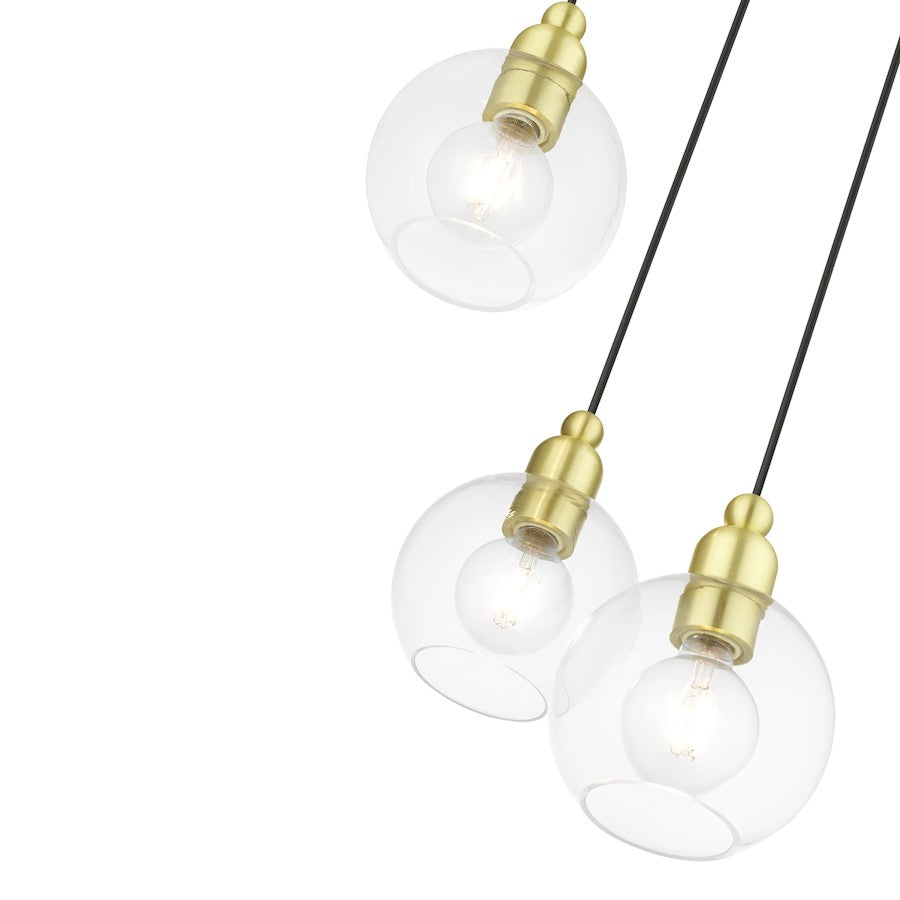 Livex Downtown 3 Light Sphere Multi Pendant, Satin Brass/Clear