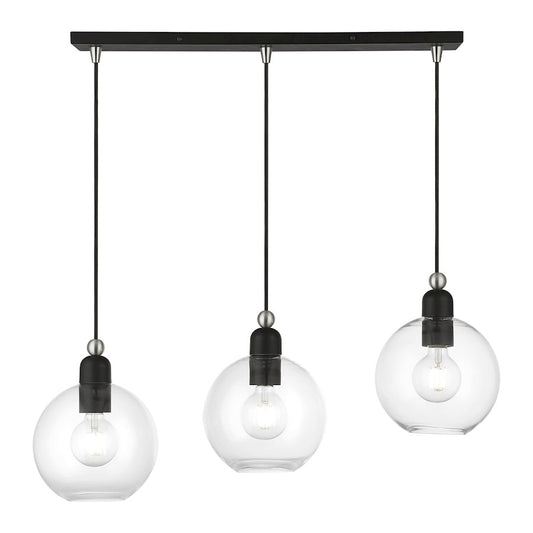 Livex Downtown 3 Light Sphere Linear Chandelier, Black/Nickel/Clear