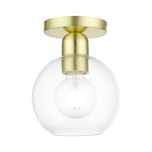 Livex Downtown 1 Light Sphere Semi-Flush, Satin Brass/Clear