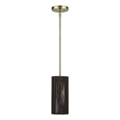 Livex Acordia 1Lt Mini Pendant, Brass/Dark Chocolate Polyester Rope