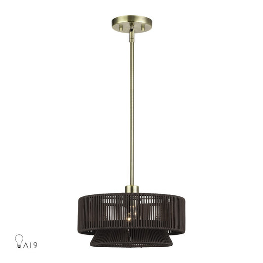 Livex Florell 1Lt Pendant, Brass/Dark Chocolate Color Polyester Rope - 49141-01