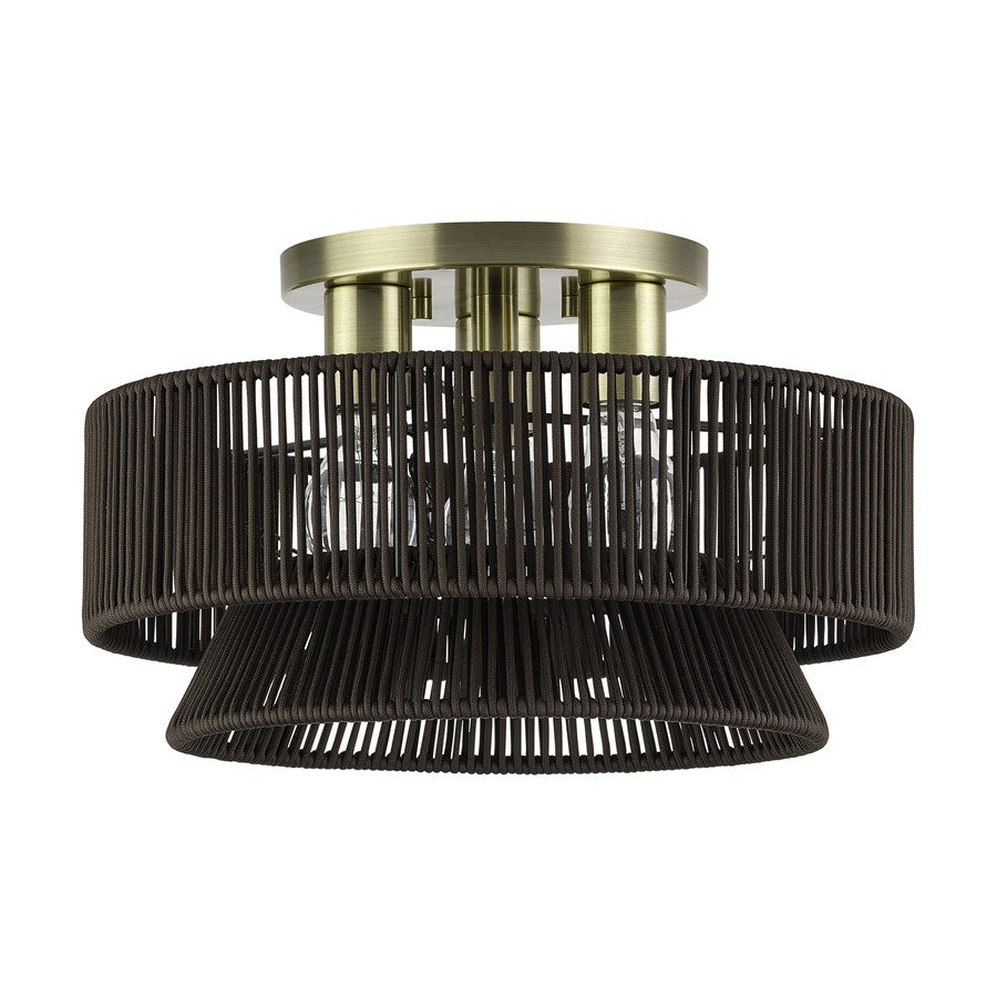 Livex Florell 3Lt 9" Semi-Flush, Brass/Chocolate Polyester