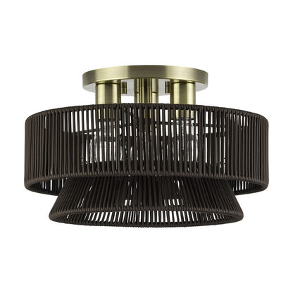 Livex Florell 3Lt 9" Semi-Flush, Brass/Chocolate Polyester