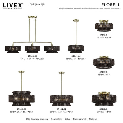 Livex Florell 3Lt 9" Semi-Flush, Brass/Chocolate Polyester