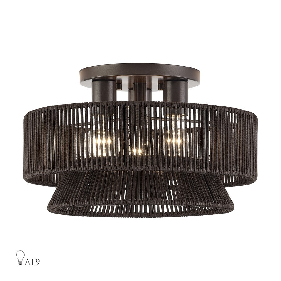 Livex Florell 3Lt 9" Semi-Flush, Bronze/Chocolate Polyester - 49146-92