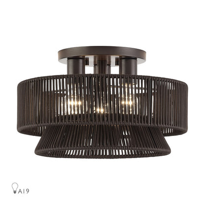 Livex Florell 3Lt 9" Semi-Flush, Bronze/Chocolate Polyester - 49146-92