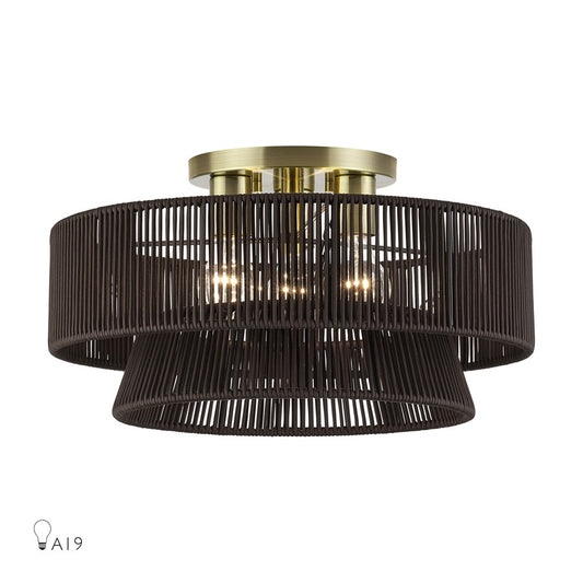 Livex Florell 3Lt 10" Semi-Flush, Brass/Chocolate Polyester - 49147-01