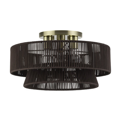 Livex Florell 3Lt 10" Semi-Flush, Brass/Chocolate Polyester