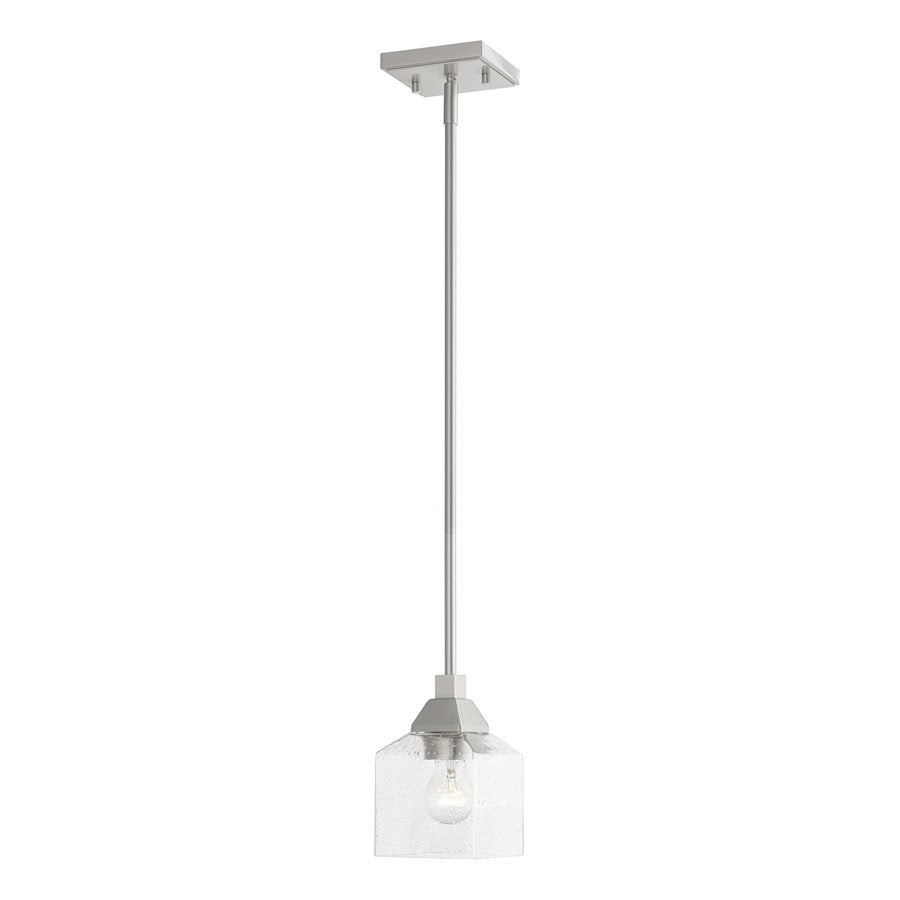 Livex Aragon 1 Light Mini Pendant, Brushed Nickel/Clear Seeded