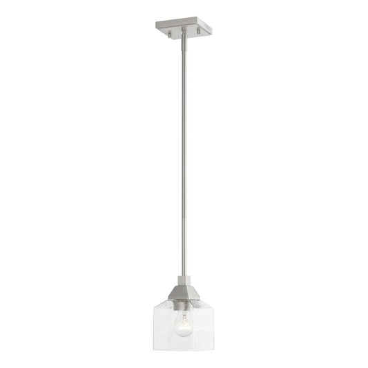 Livex Aragon 1 Light Mini Pendant, Brushed Nickel/Clear Seeded