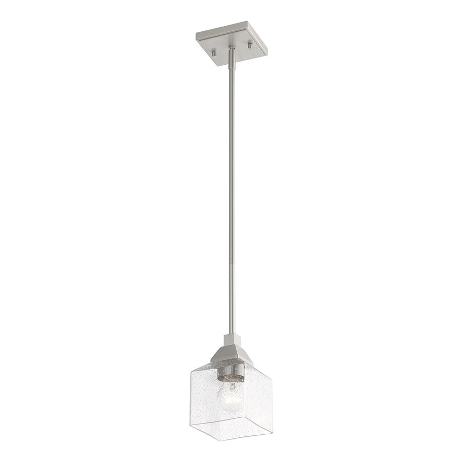 Livex Aragon 1 Light Mini Pendant, Brushed Nickel/Clear Seeded