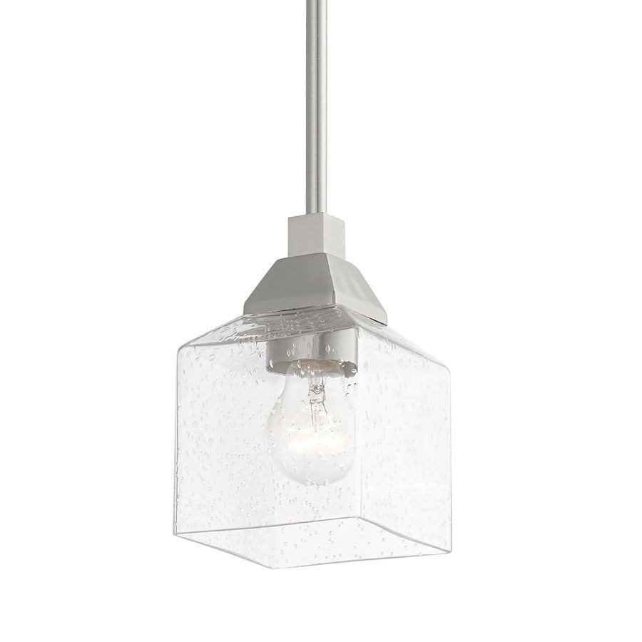 Livex Aragon 1 Light Mini Pendant, Brushed Nickel/Clear Seeded