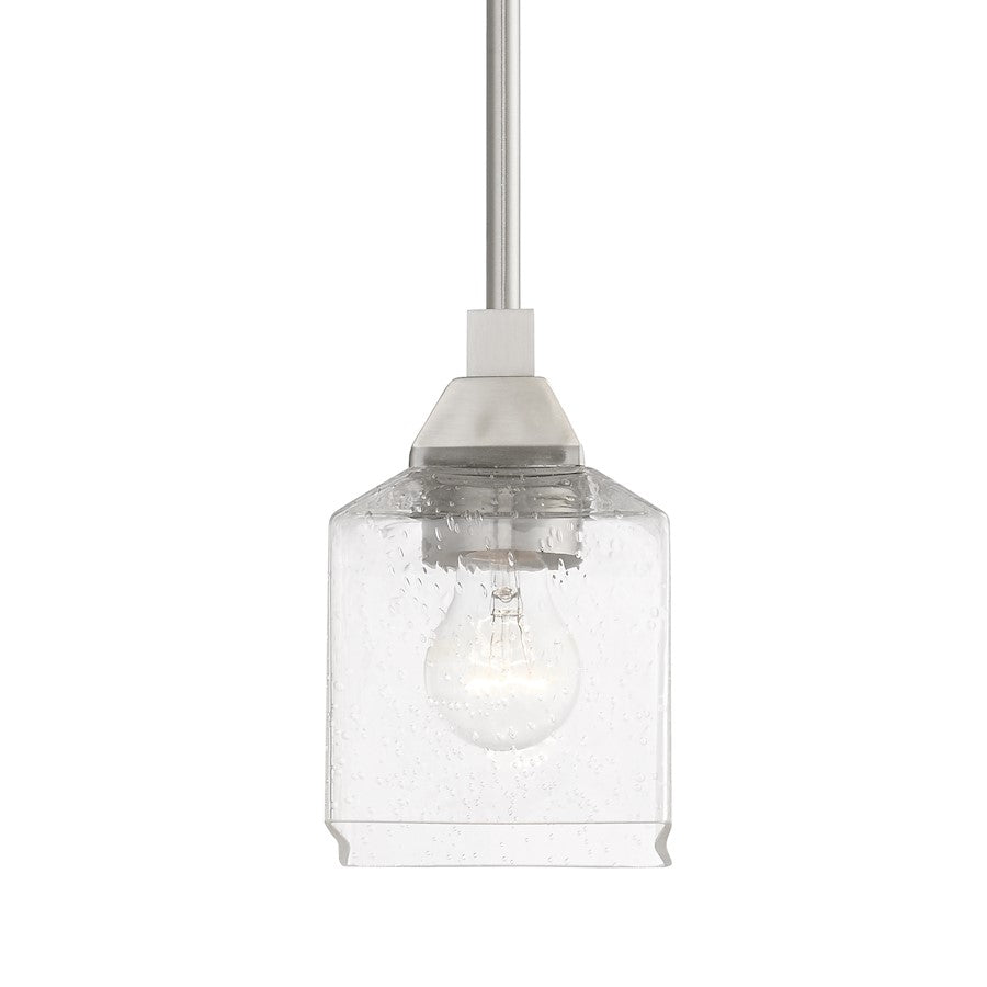 Livex Aragon 1 Light Mini Pendant, Brushed Nickel/Clear Seeded