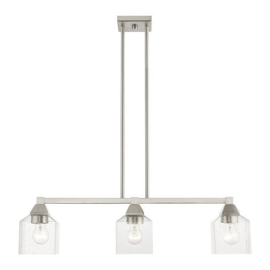 Livex Aragon 3 Light Linear Chandelier, Brushed Nickel/Clear Seeded