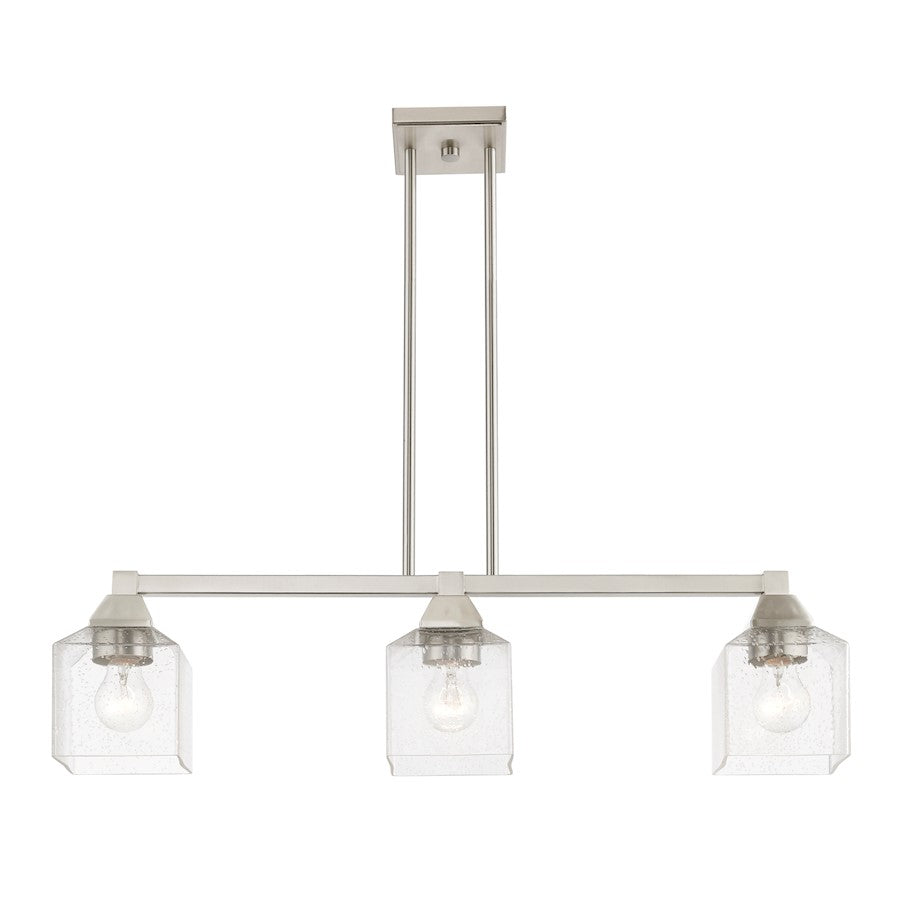 Livex Aragon 3 Light Linear Chandelier, Brushed Nickel/Clear Seeded