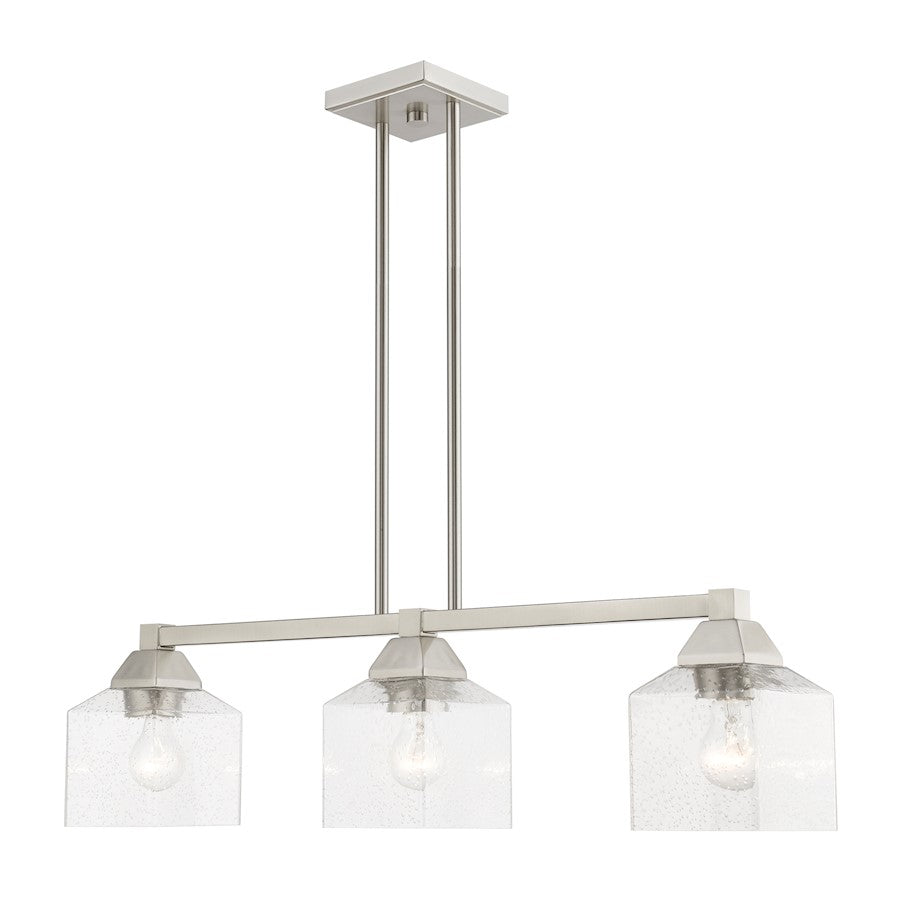 Livex Aragon 3 Light Linear Chandelier, Brushed Nickel/Clear Seeded
