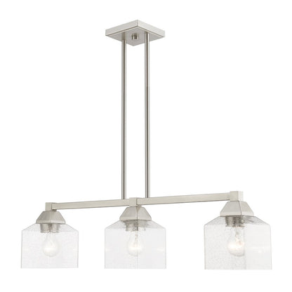 Livex Aragon 3 Light Linear Chandelier, Brushed Nickel/Clear Seeded