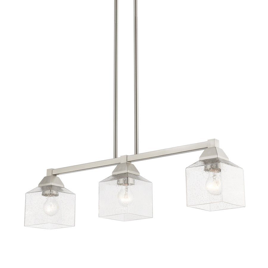 Livex Aragon 3 Light Linear Chandelier, Brushed Nickel/Clear Seeded