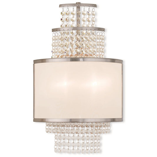 Livex Prescott 2 Light Sconce, Nickel/Crystals/Off-White Organza
