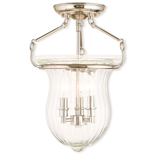 Livex Andover 3 Light Ceiling Mount, Nickel/Fluted Clear