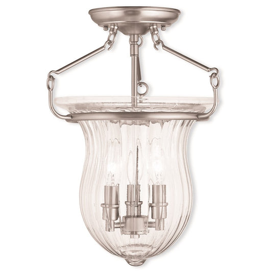 Livex Andover 3 Light Ceiling Mount, Nickel/Hand Crafted Fluted Clear