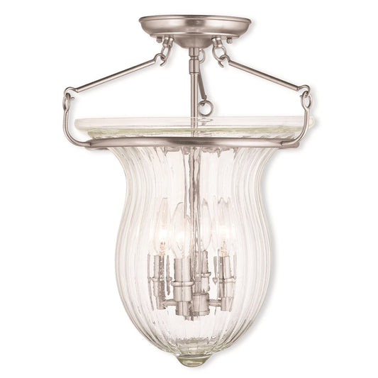 Livex Andover 4 Light Ceiling Mount, Nickel/Hand Crafted Fluted Clear