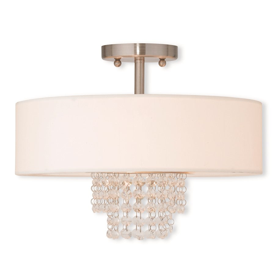 Livex Carlisle 3 Light Ceiling, Nickel/Crystals/Off-White Hardback