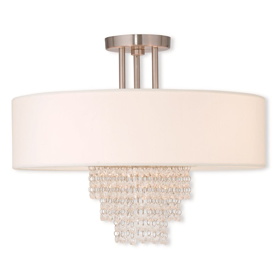 Livex Carlisle 4 Light Ceiling, Nickel/Crystals/Off-White Hardback