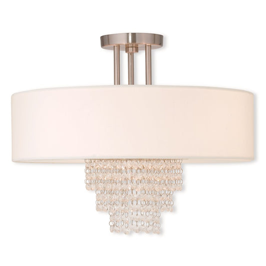 Livex Carlisle 4 Light Ceiling, Nickel/Crystals/Off-White Hardback