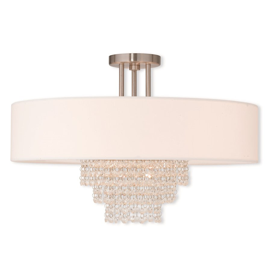 Livex Carlisle 5 Light Ceiling, Nickel/Crystals/Off-White Hardback
