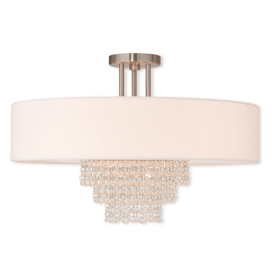 Livex Carlisle 5 Light Ceiling, Nickel/Crystals/Off-White Hardback