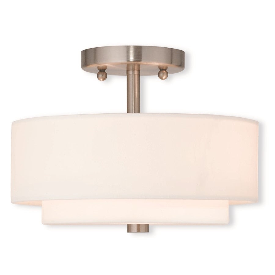 Livex Claremont 11" 2 Light Ceiling Mount, Nickel/Off-White Hardback
