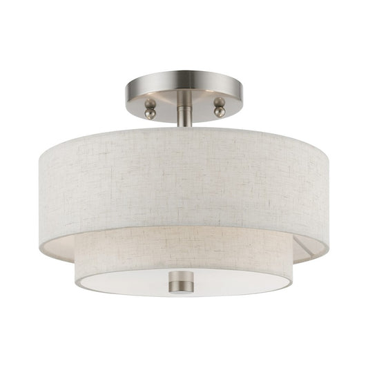 Livex Meridian 2 Light 11" Semi-Flush, Nickel/Oatmeal/White Fabric