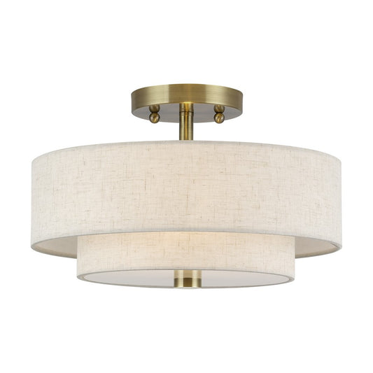 Livex Monroe 2Lt 8" Semi-Flush, Brass/Oatmeal/White - 51083-01
