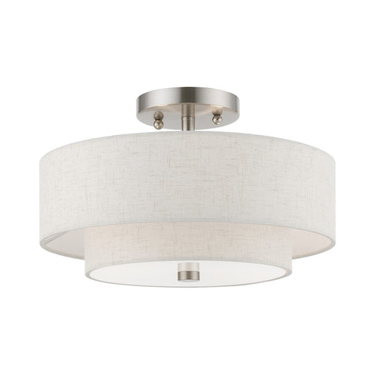Livex Meridian 2 Light 13" Semi-Flush, Nickel/Oatmeal/White Fabric