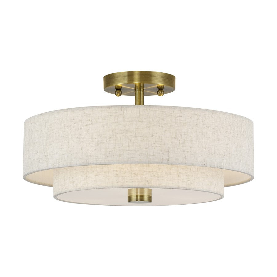Livex Monroe 3Lt 8" Semi-Flush, Brass/Oatmeal/White - 51084-01
