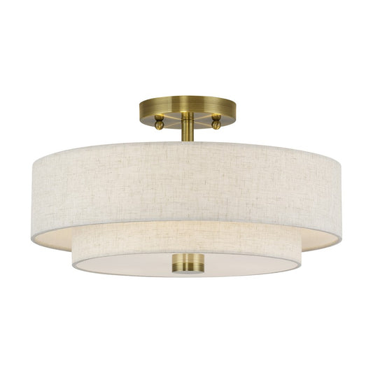 Livex Monroe 3Lt 8" Semi-Flush, Brass/Oatmeal/White - 51084-01