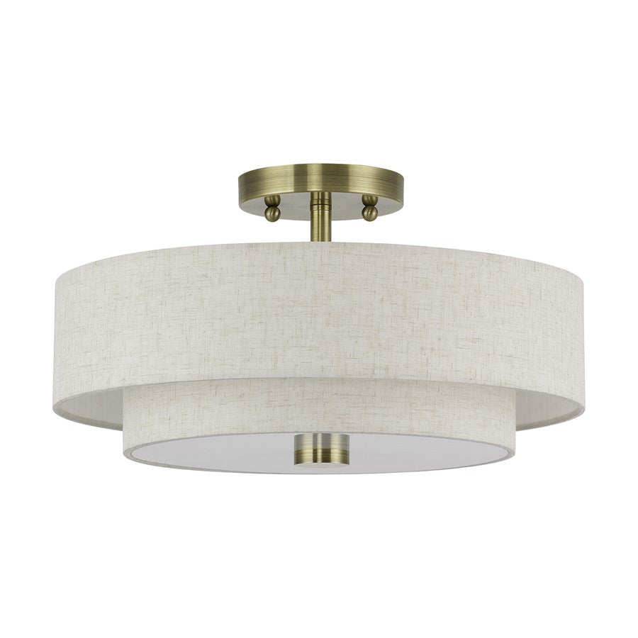 Livex Monroe 3Lt 8" Semi-Flush, Brass/Oatmeal/White