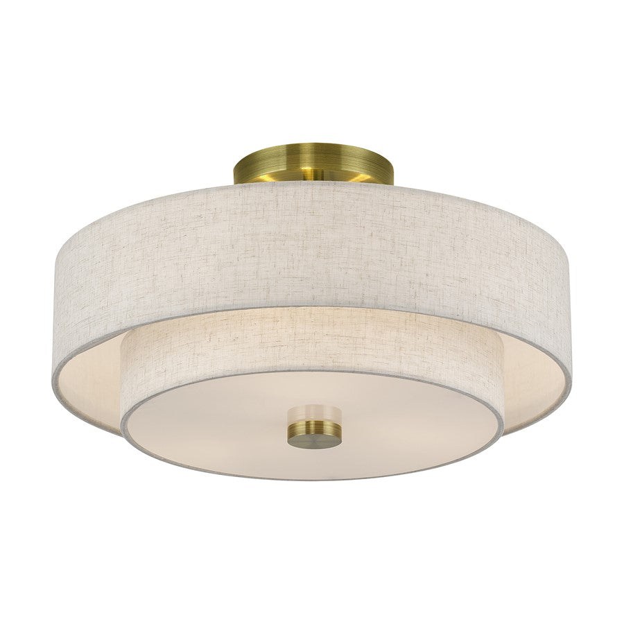 Livex Monroe 3Lt 8" Semi-Flush, Brass/Oatmeal/White