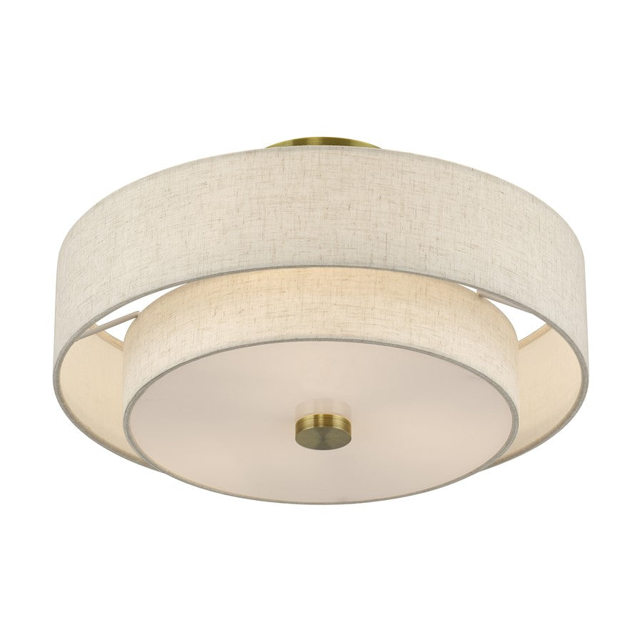 Livex Monroe 3Lt 8" Semi-Flush, Brass/Oatmeal/White