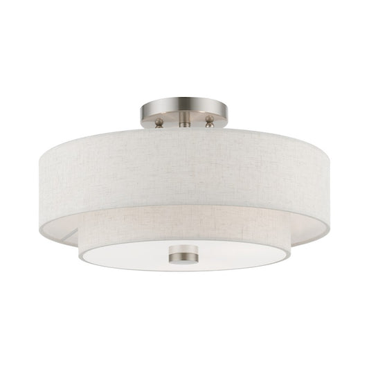 Livex Meridian 3 Light Semi-Flush, Nickel/Oatmeal/White Fabric
