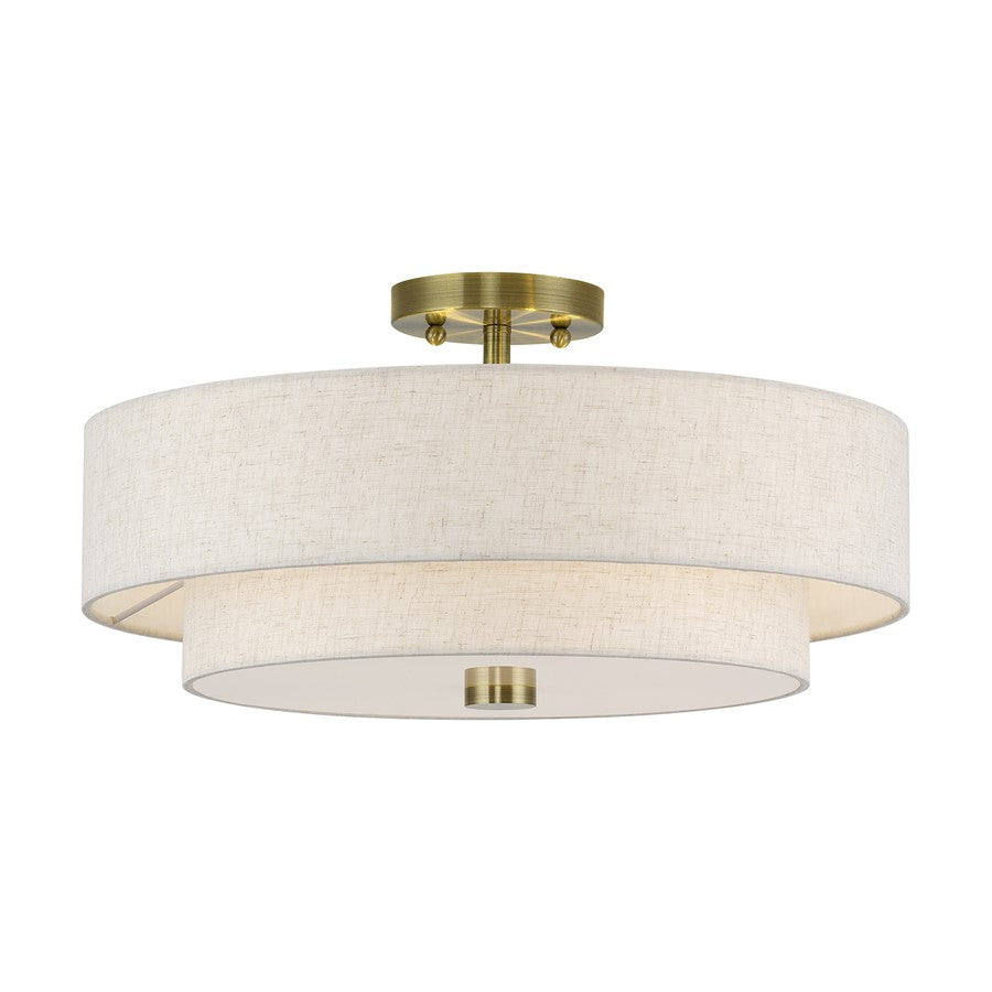 Livex Monroe 4Lt 9" Semi-Flush, Brass/Oatmeal/White - 51085-01